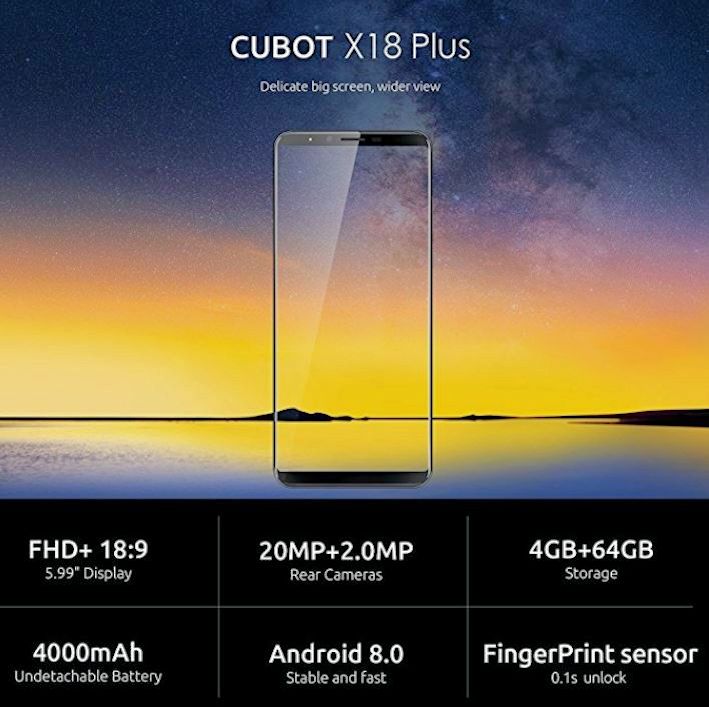 CUBOT X18 Plus Smartphone, 4G Android 8.0 5.99 pollici Schermata FHD + 18: 9 MT6750T Octa-core 4GB + 64GB